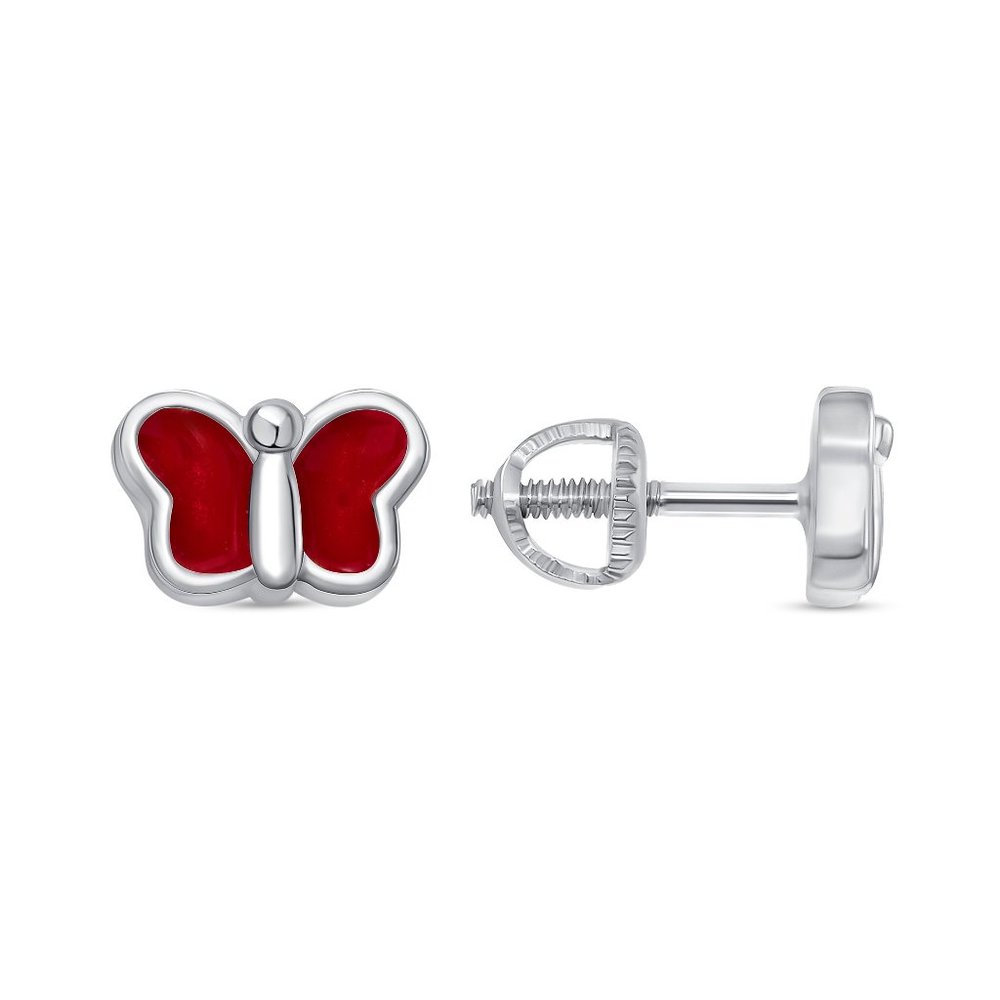 STERLING SILVER 925 RED ENAMELED BUTTERFLY KIDS SCREW STUD EARRINGS